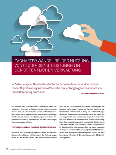 Beitrag in der .public / Ausgabe 02-2015: Zaghafter Wandel bei der Nutzung von Cloud-Dienstleistungen in der öffentlichen Verwaltung