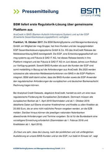 BSM liefert erste Regulatorik-Lösung über gemeinsame Plattform aus
