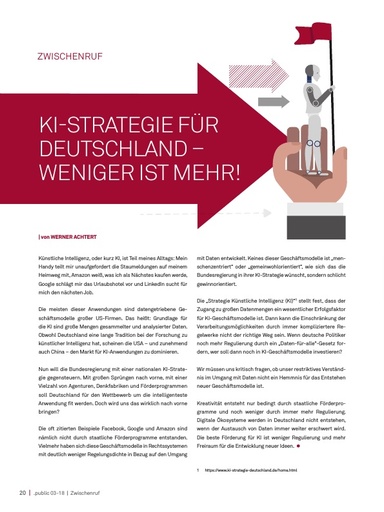 Zwischenruf in der .public / Ausgabe 03-2018: KI-Strategie für Deutschland – weniger ist mehr!