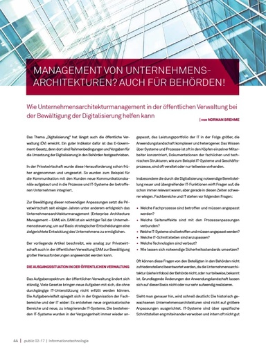 Beitrag in der .public / Ausgabe 02-2017: Management von Unternehmensarchitekturen? Auch für Behörden!