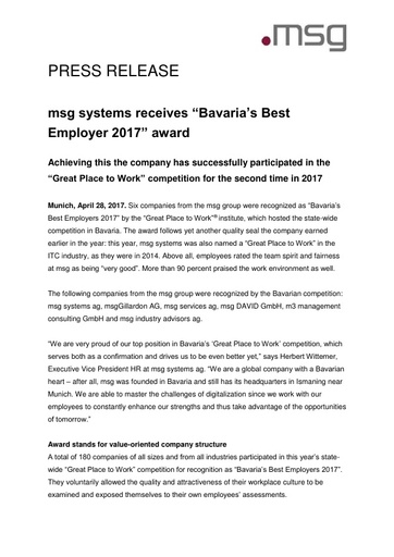 msg systems receives “Bavaria’s Best Employer 2017” award